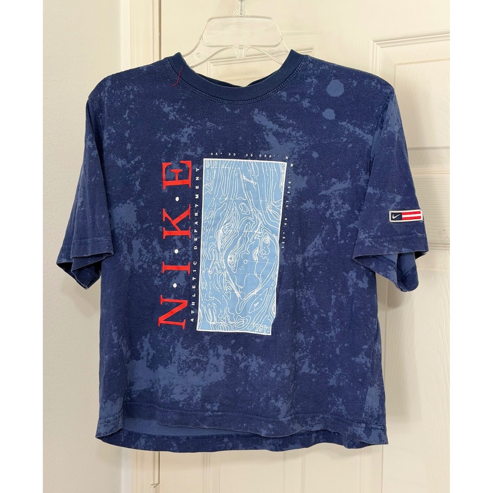 Nike Athletic Dept Kids sz S Navy Blue Acid Wash Topographic Map Graphic T-Shirt